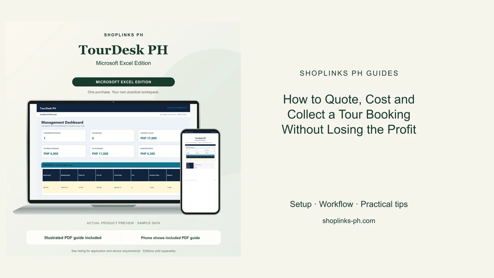 How to Quote, Cost and Collect a Tour Booking Without Losing the Profit: matching product and illustrated guide previews on laptop and phone.