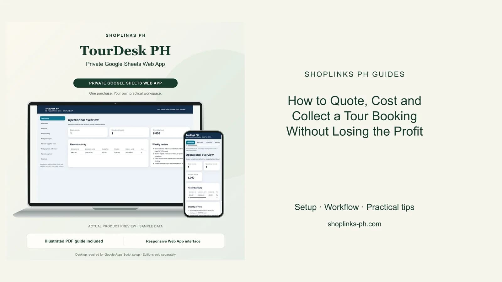 How to Quote, Cost and Collect a Tour Booking Without Losing the Profit: matching product and illustrated guide previews on laptop and phone.