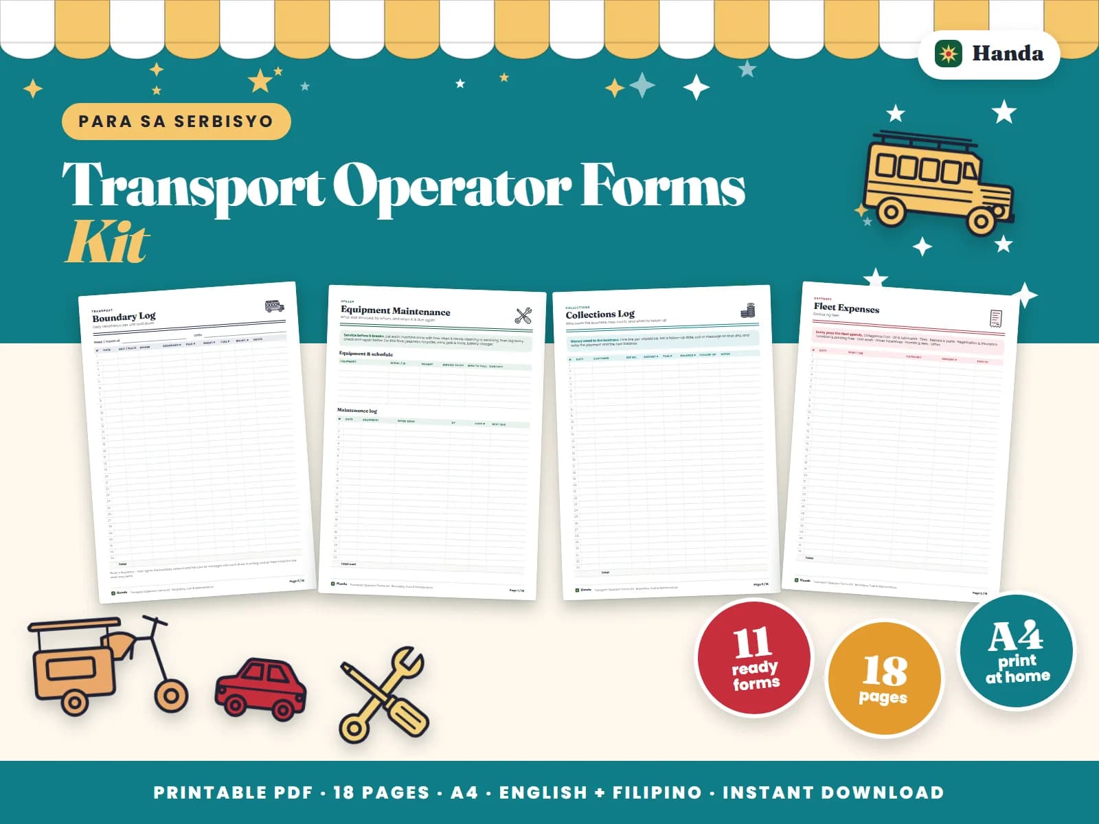 Cover of Transport Operator Forms Kit, a printable service business forms kit showing four of its pages
