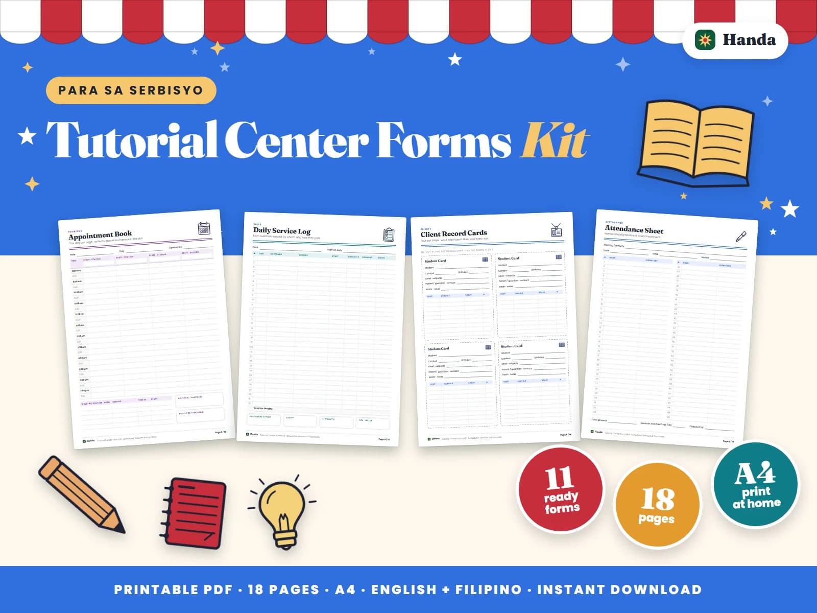 Cover of Tutorial Center Forms Kit, a printable service business forms kit showing four of its pages