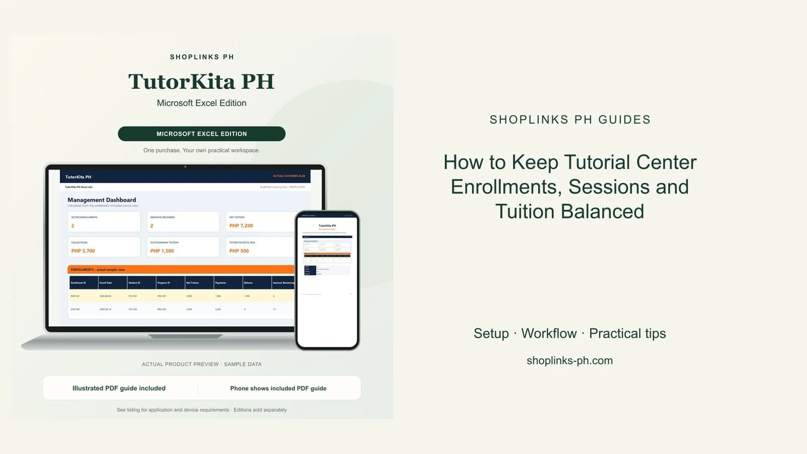 How to Keep Tutorial Center Enrollments, Sessions and Tuition Balanced: matching product and illustrated guide previews on laptop and phone.
