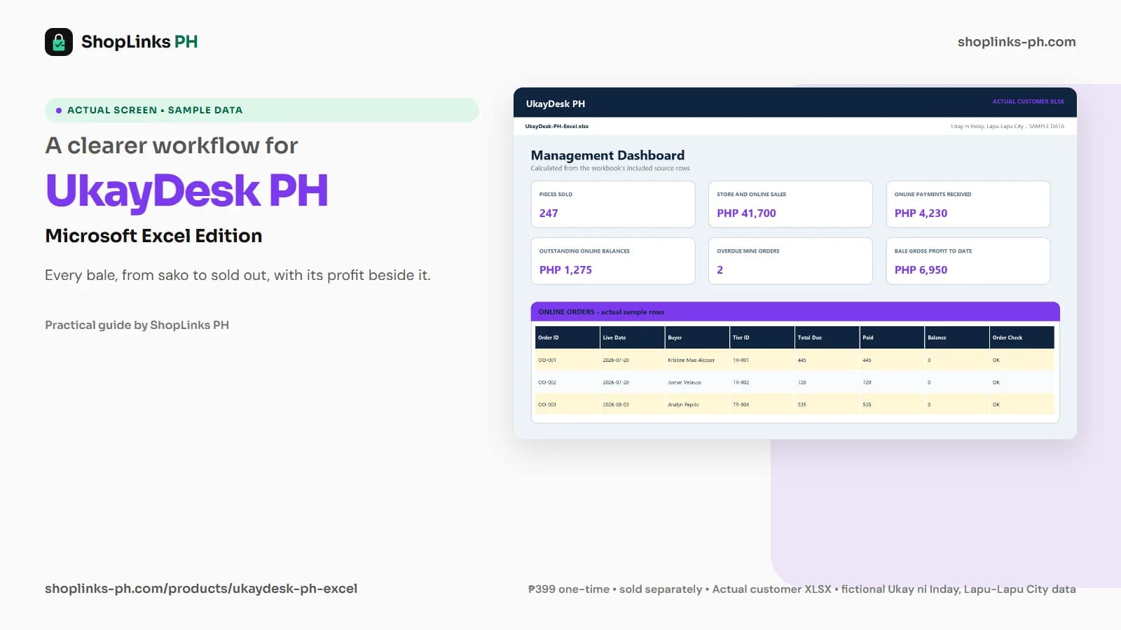 UkayDesk PH Microsoft Excel Edition dashboard using fictional sample data