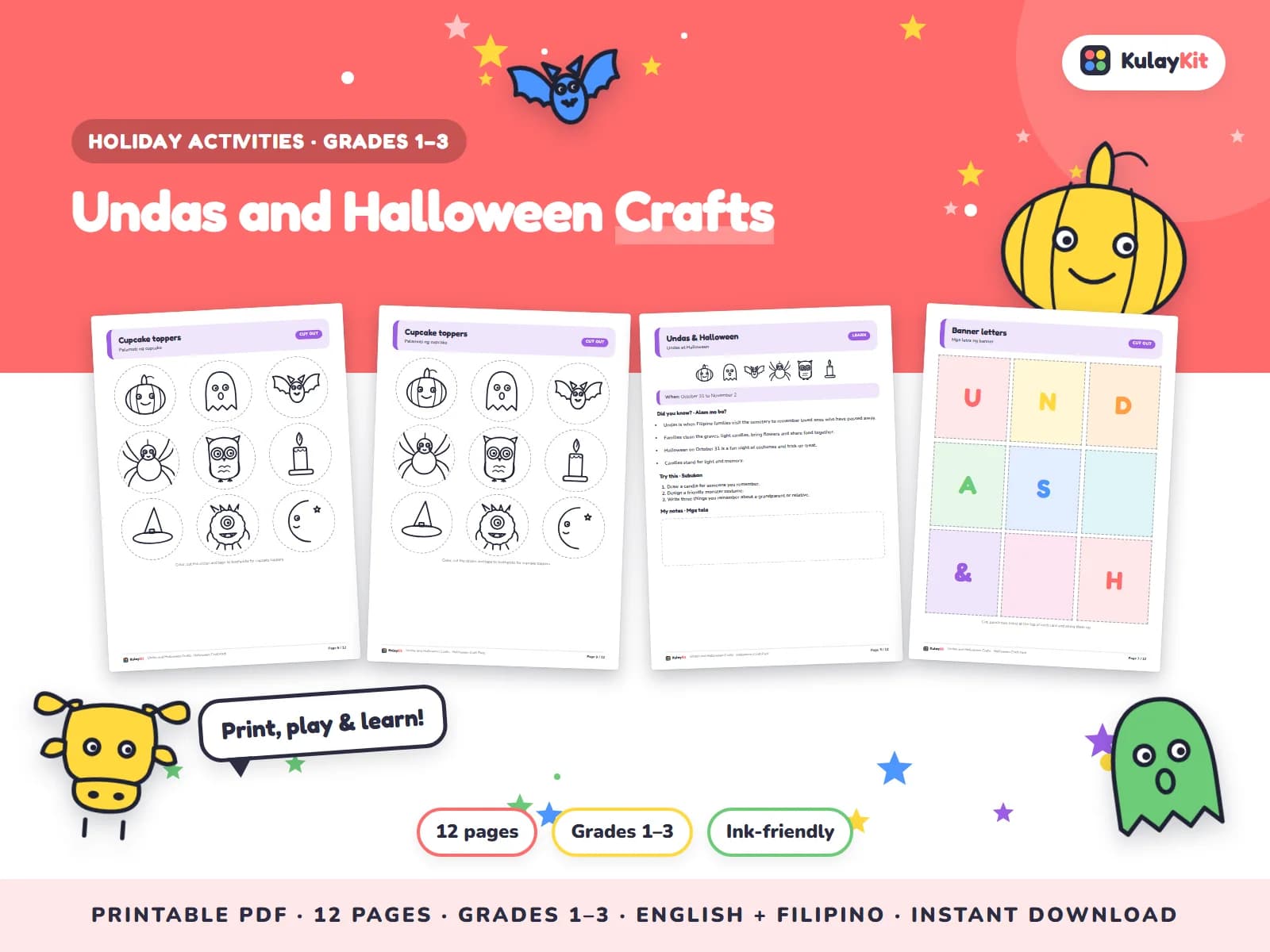 Cover of Undas and Halloween Crafts, a printable pack for kids in Grades 1 to 3, showing four of its pages