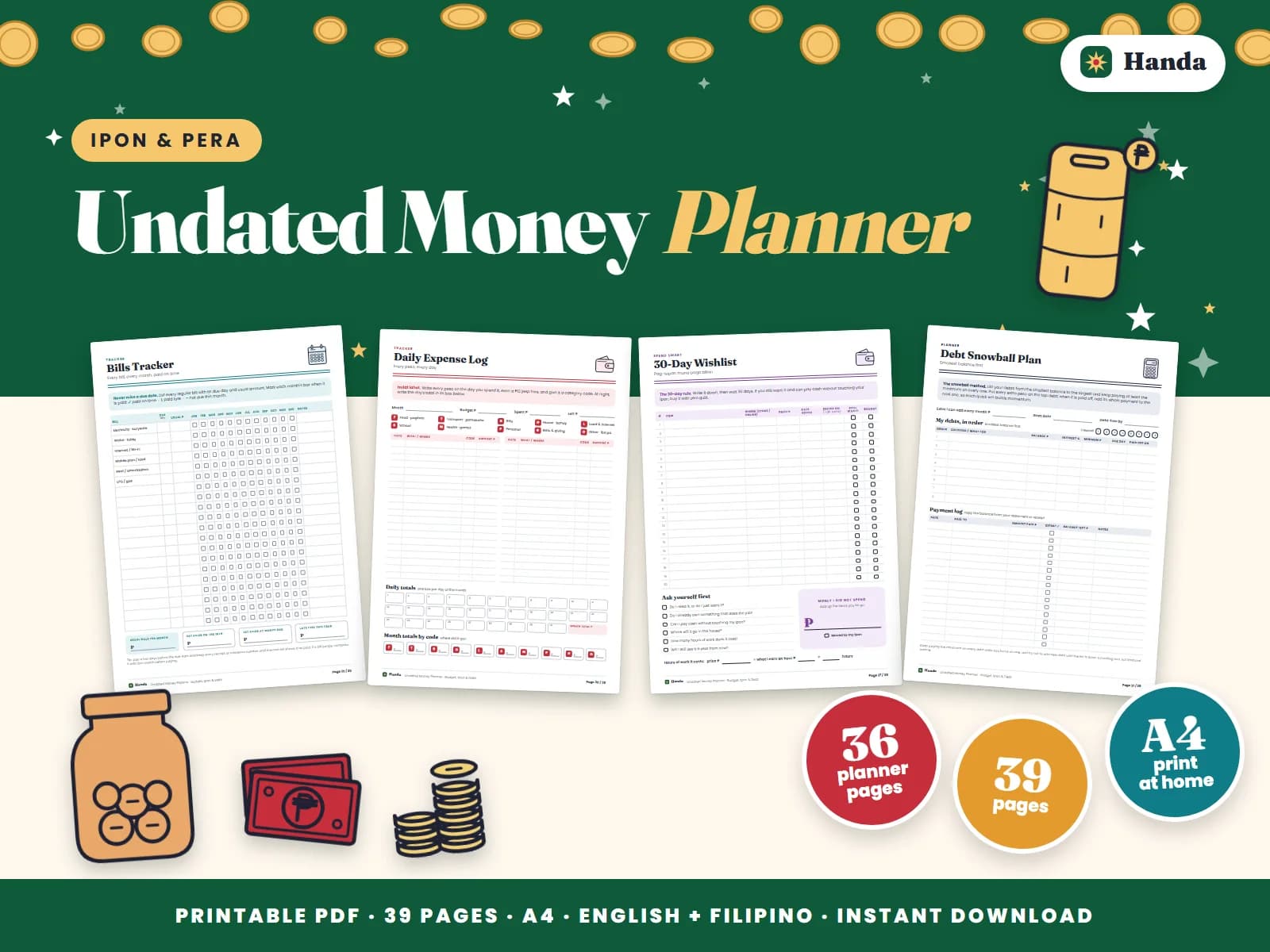 Cover of Undated Money Planner, a printable budget planner showing four of its pages