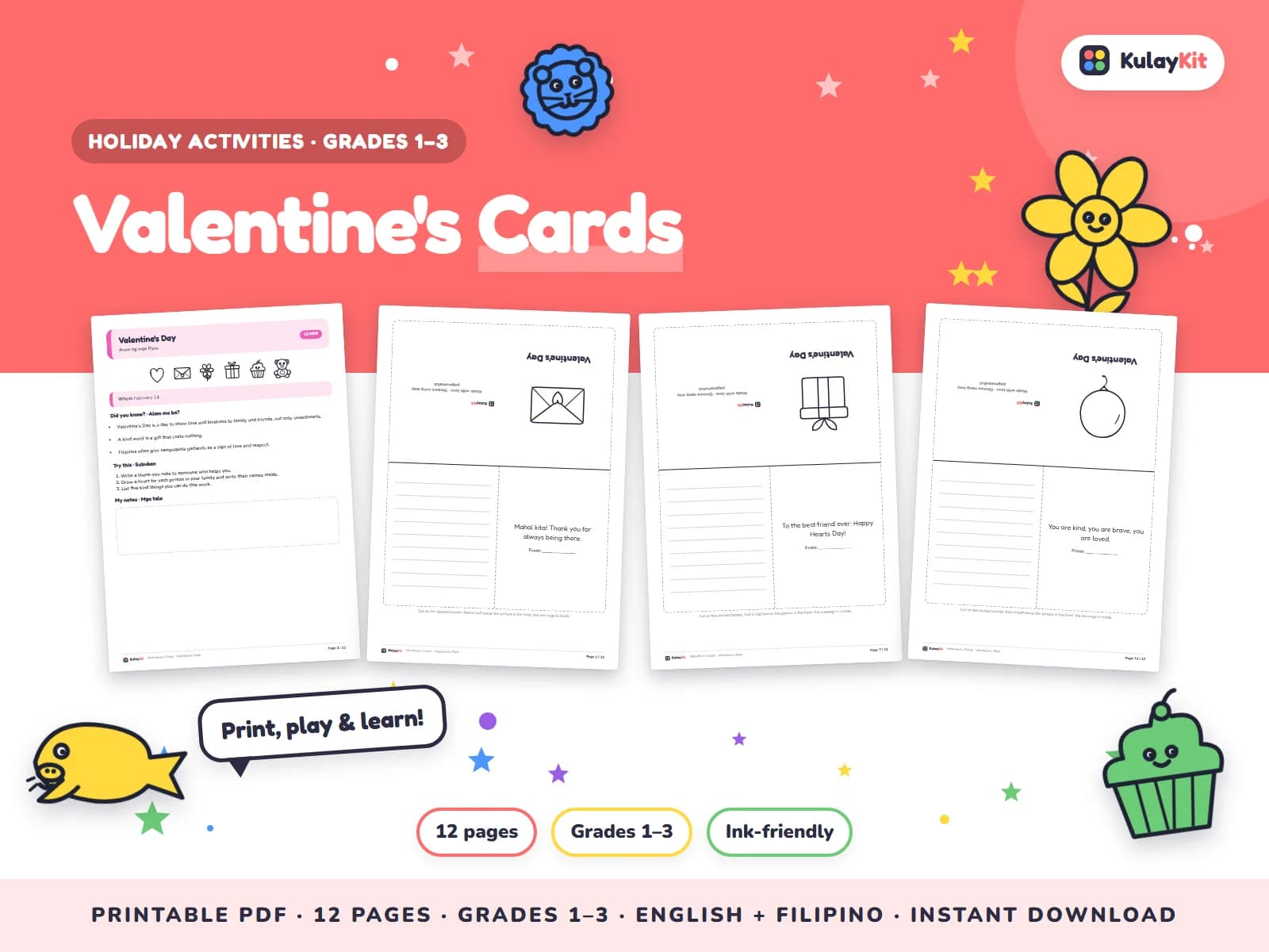 Cover of Valentine's Cards, a printable pack for kids in Grades 1 to 3, showing four of its pages