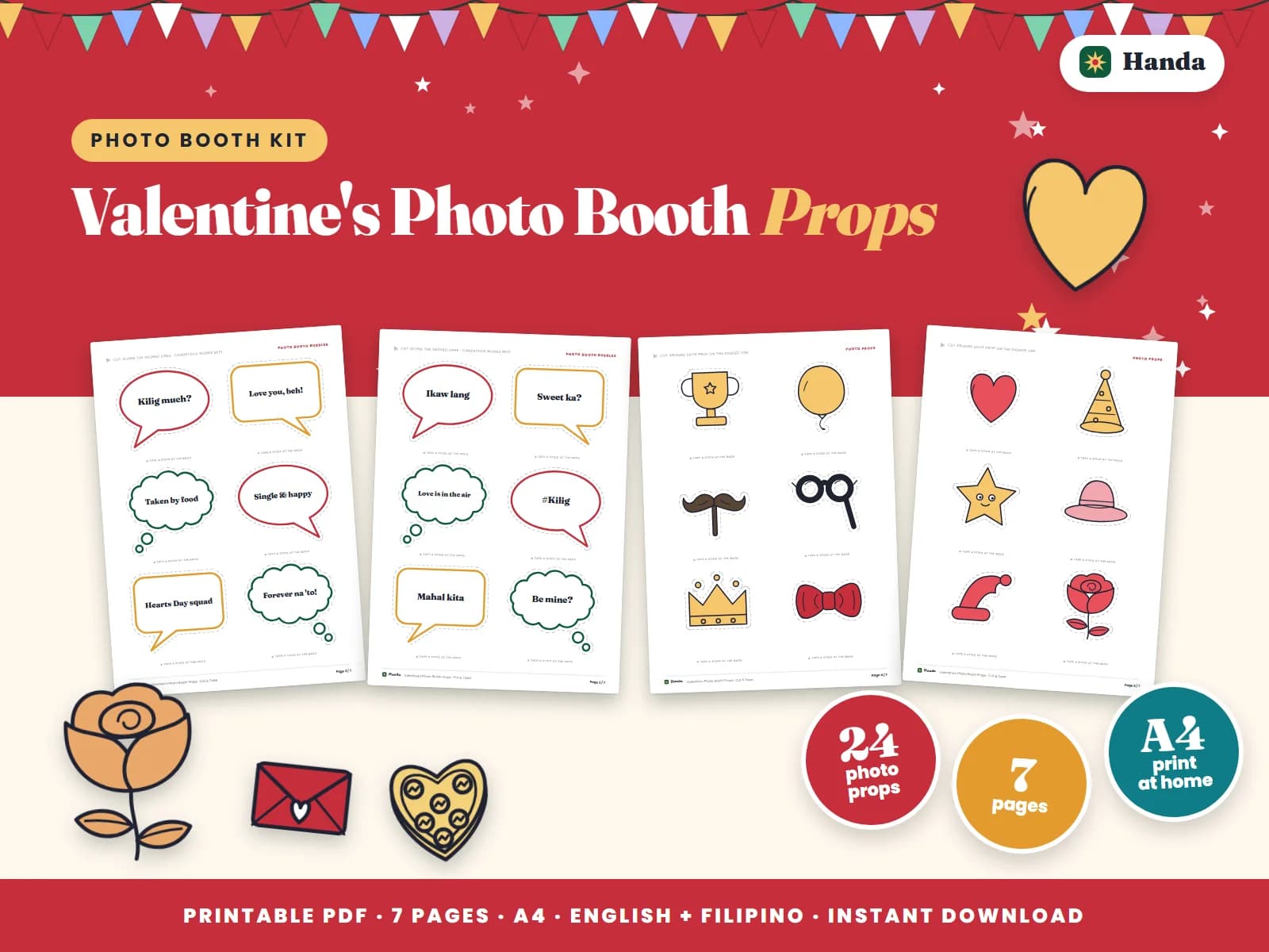 Cover of Valentine's Photo Booth Props, a printable photo booth kit showing four of its pages