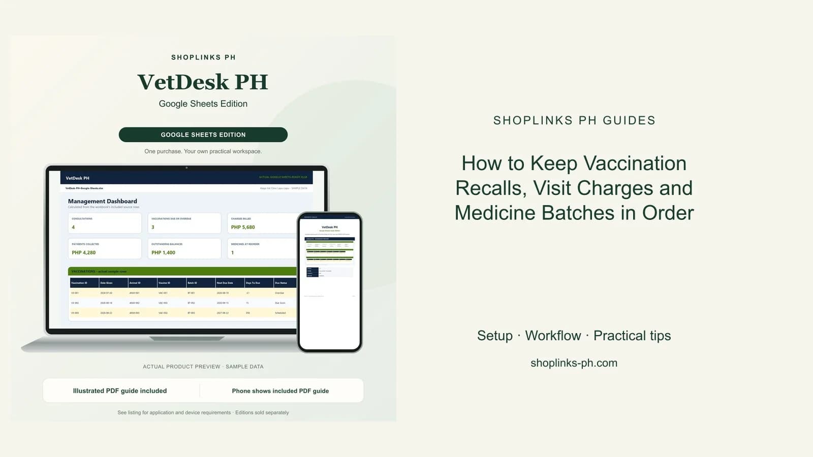 VetDesk PH Google Sheets Edition dashboard using fictional sample data