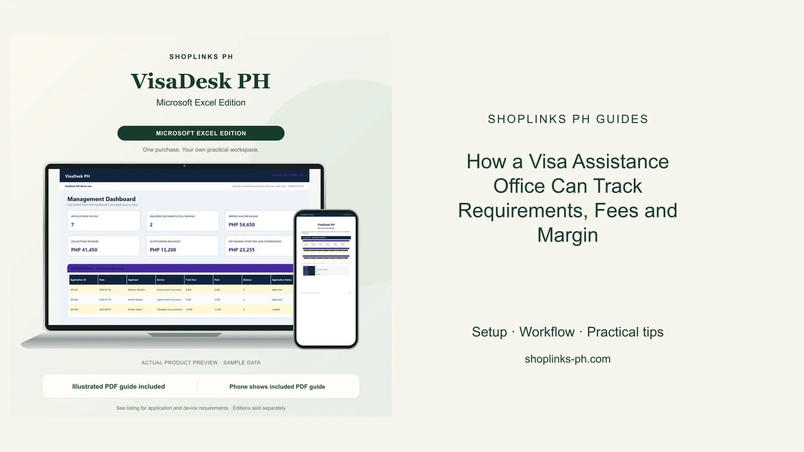 VisaDesk PH Microsoft Excel Edition dashboard using fictional sample data