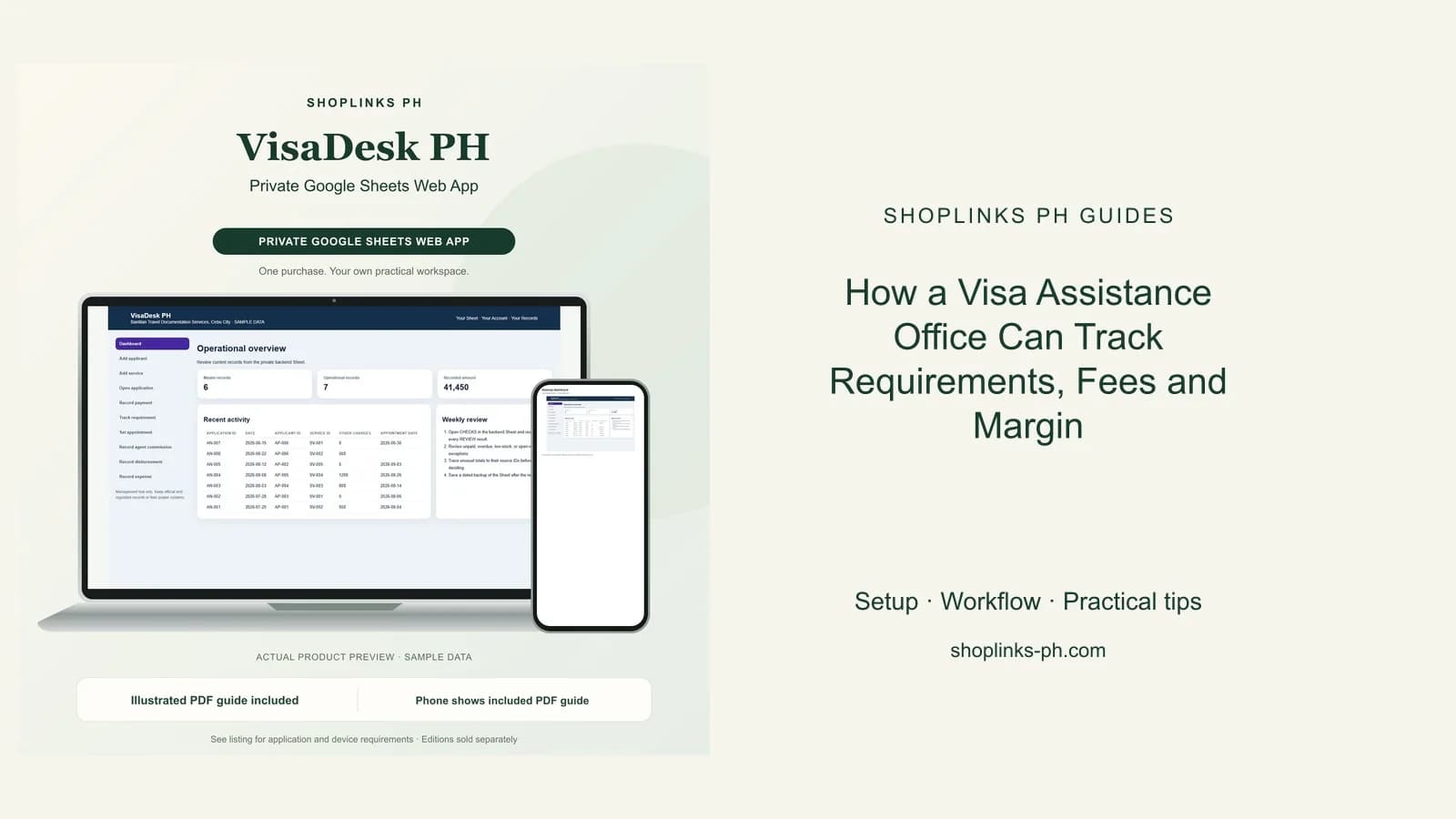 VisaDesk PH Private Google Sheets Web App dashboard using fictional sample data