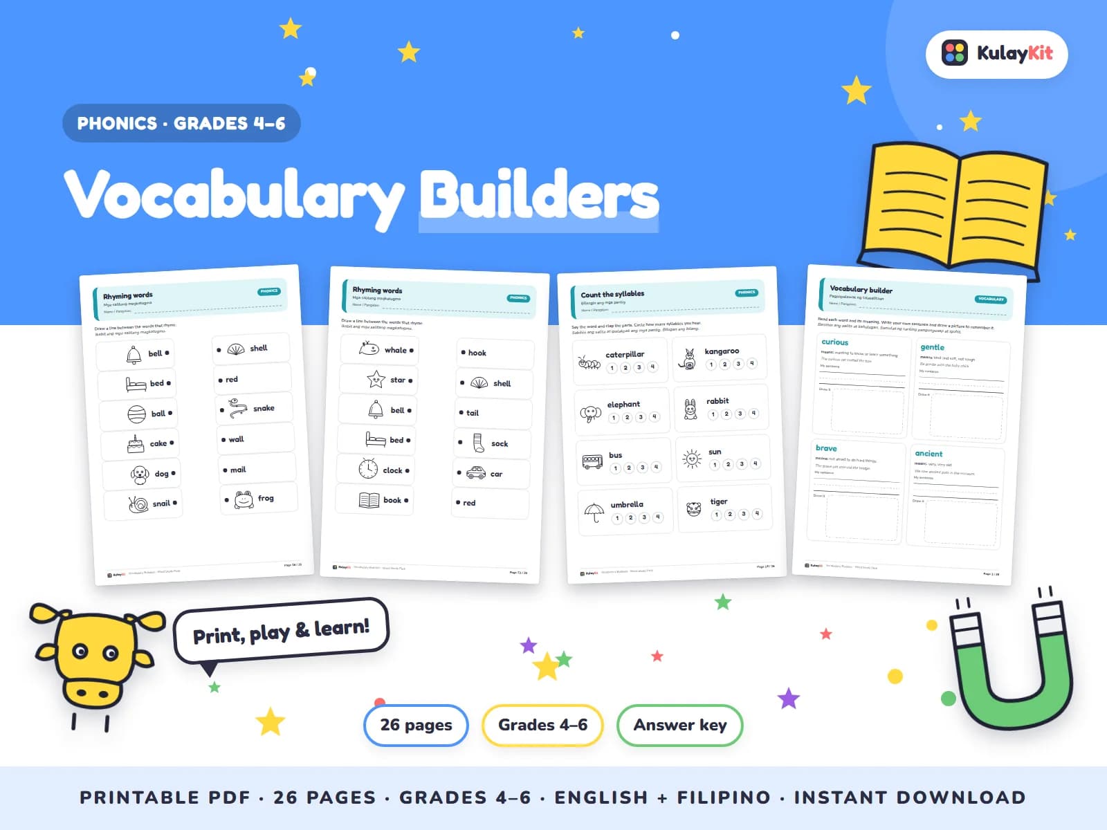Cover of Vocabulary Builders, a printable pack for kids in Grades 4 to 6, showing four of its pages