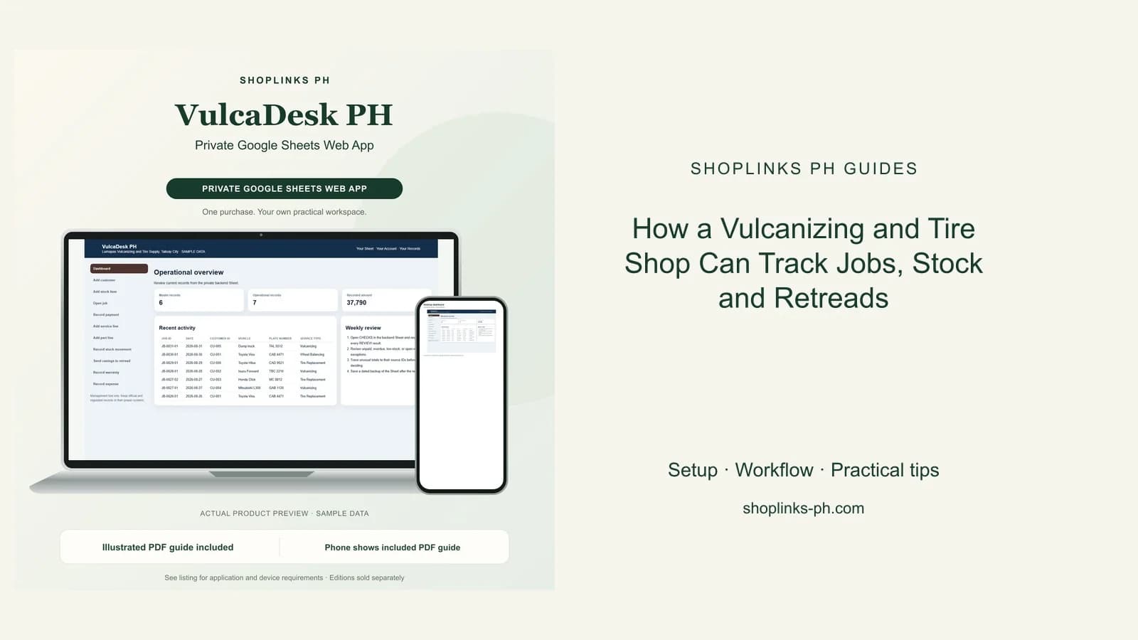VulcaDesk PH Private Google Sheets Web App dashboard using fictional sample data