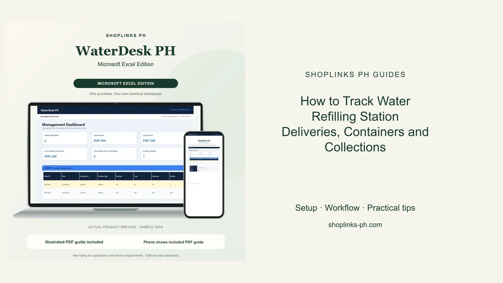How to Track Water Refilling Station Deliveries, Containers and Collections: matching product and illustrated guide previews on laptop and phone.