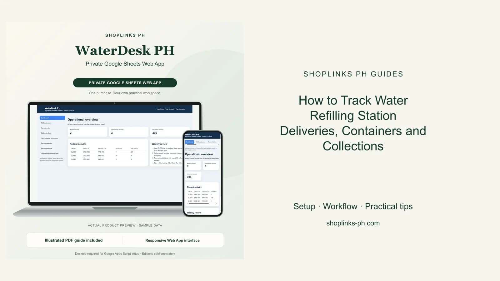 How to Track Water Refilling Station Deliveries, Containers and Collections: matching product and illustrated guide previews on laptop and phone.