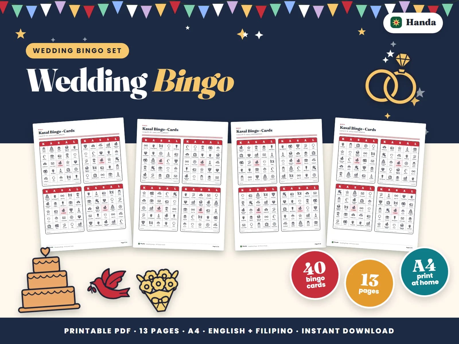 Cover of Wedding Bingo, a printable bingo set showing four of its pages