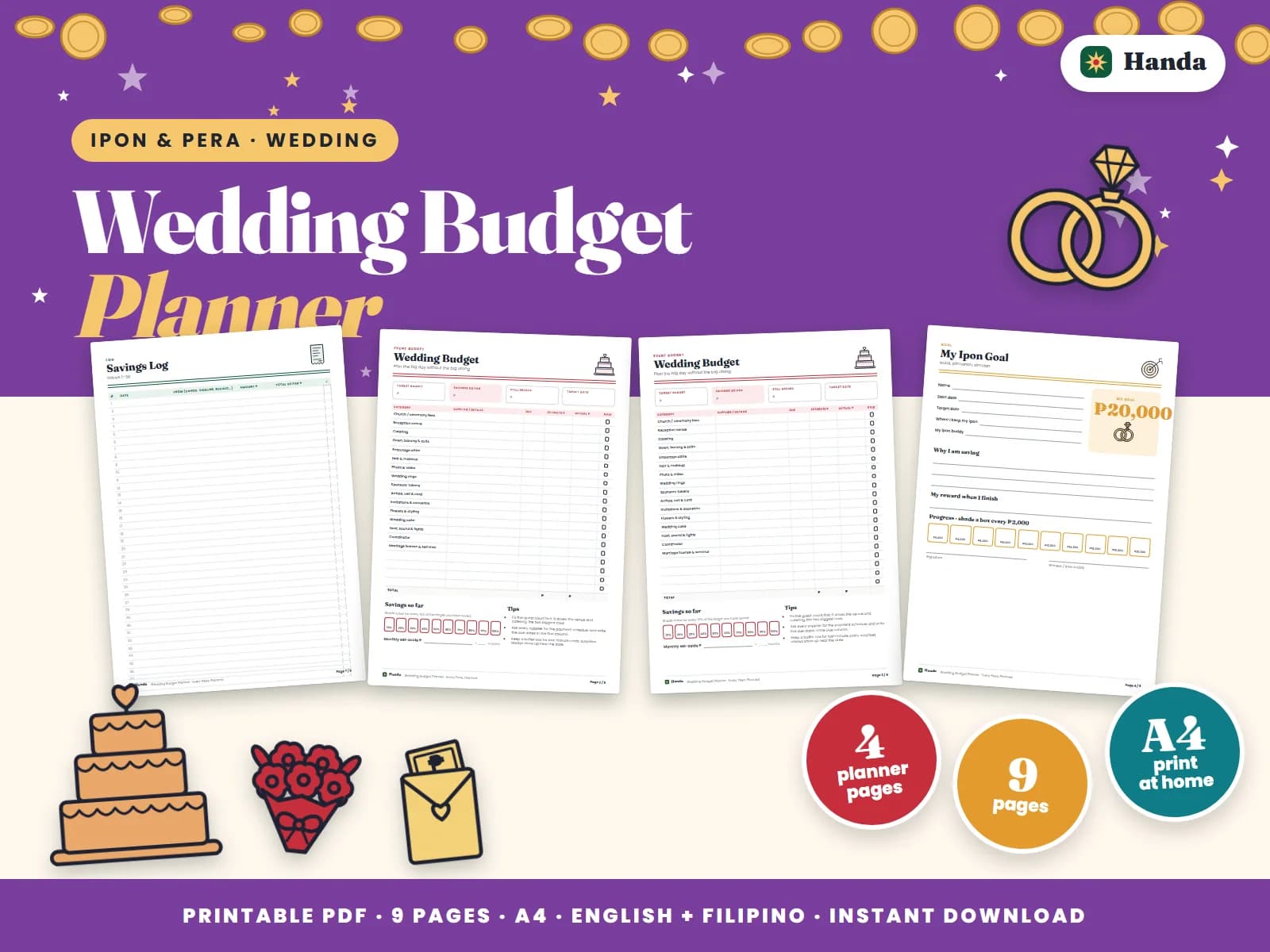 Cover of Wedding Budget Planner, a printable budget planner showing four of its pages