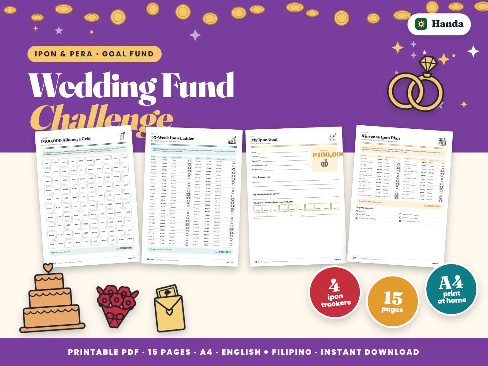 Cover of Wedding Fund Challenge, a printable ipon challenge kit showing four of its pages