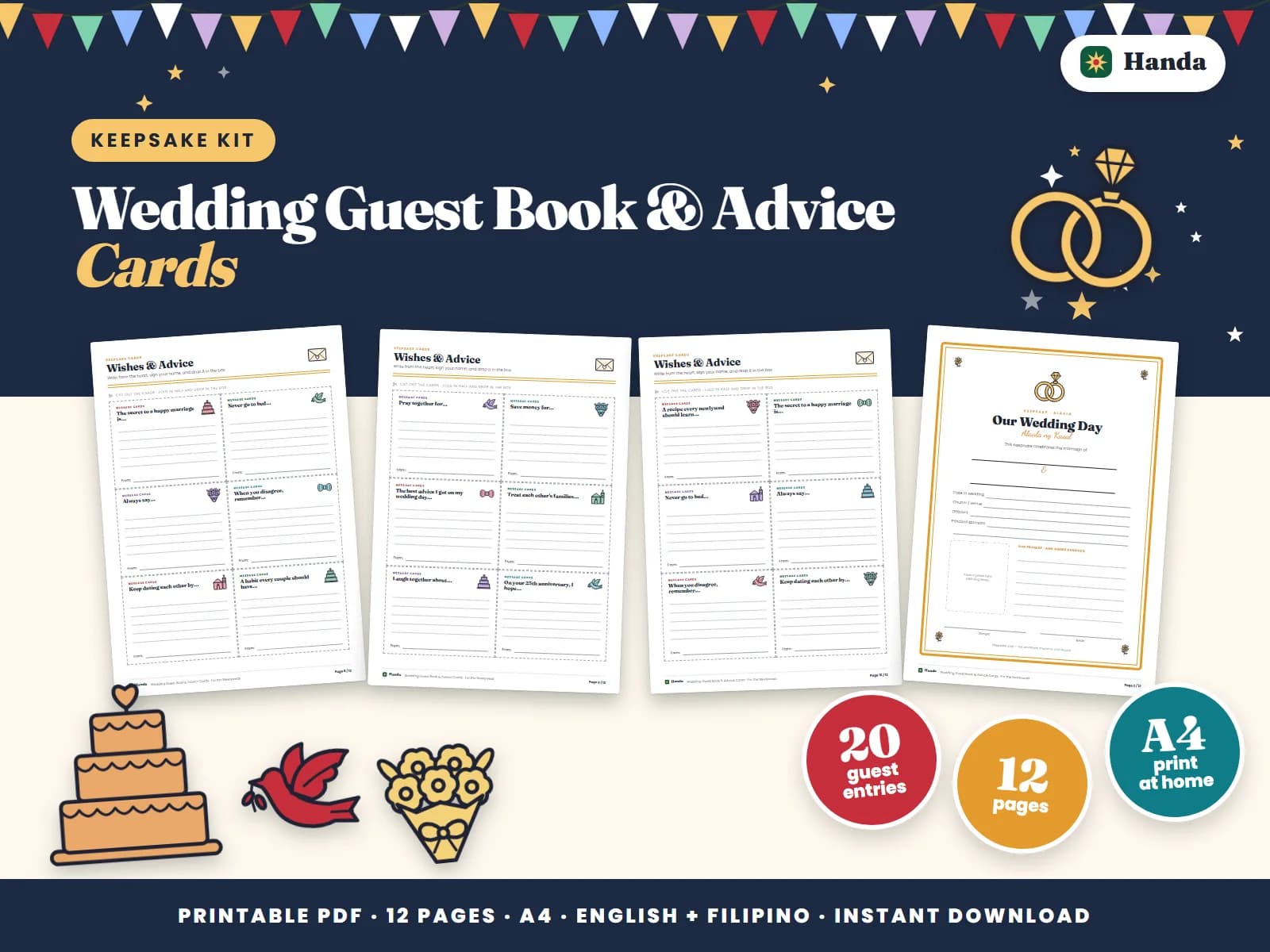 Cover of Wedding Guest Book & Advice Cards, a printable guest book and keepsake set showing four of its pages
