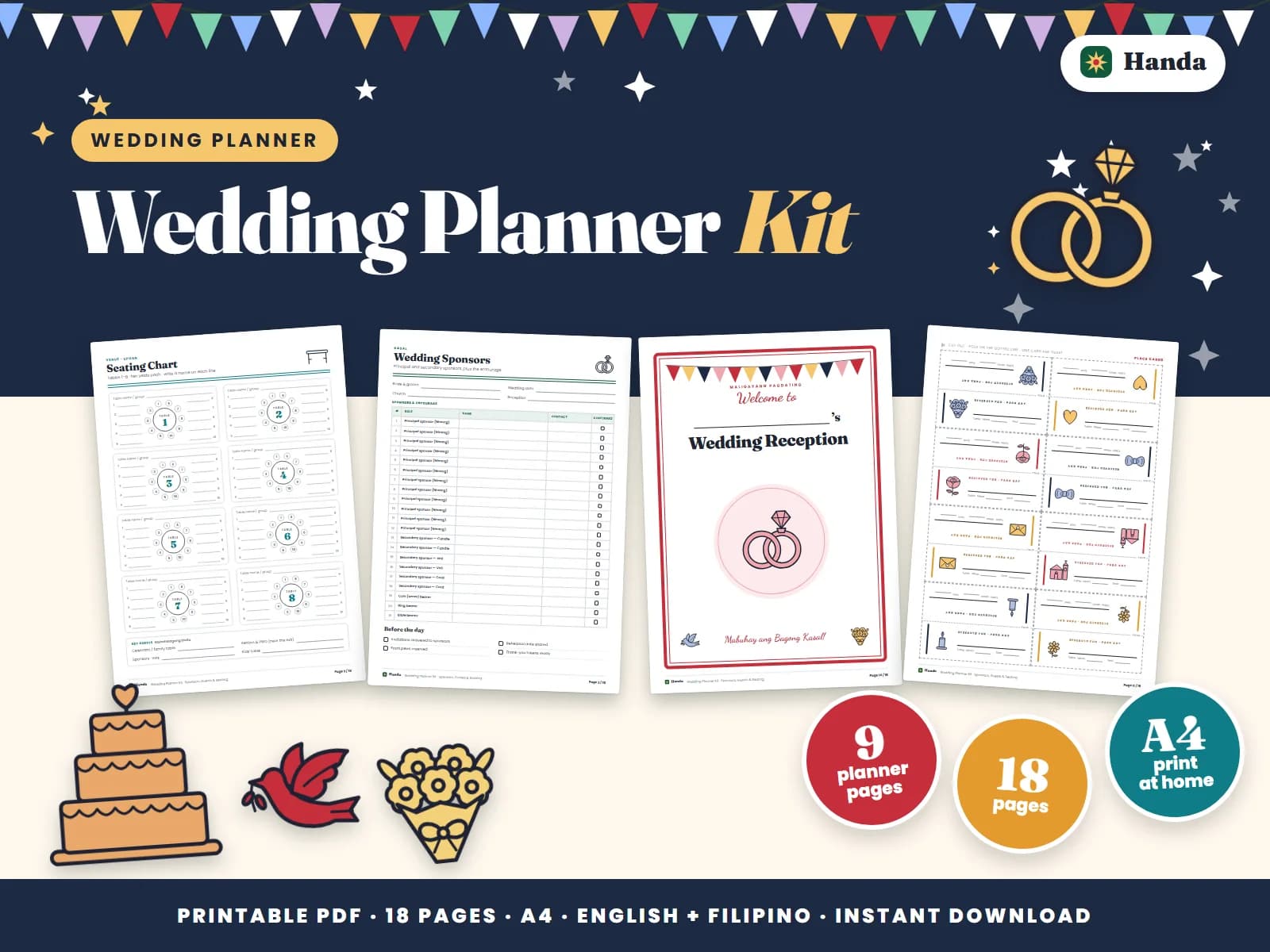 Cover of Wedding Planner Kit, a printable wedding planner kit showing four of its pages