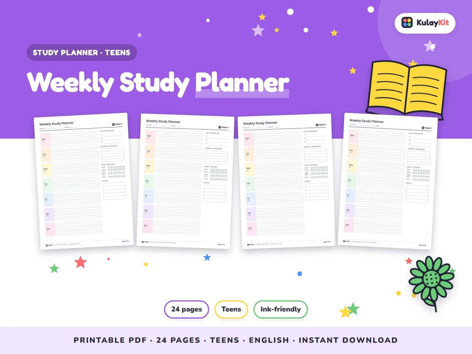 Cover of Weekly Study Planner, a printable pack for teens ages 12 to 17, showing four of its pages