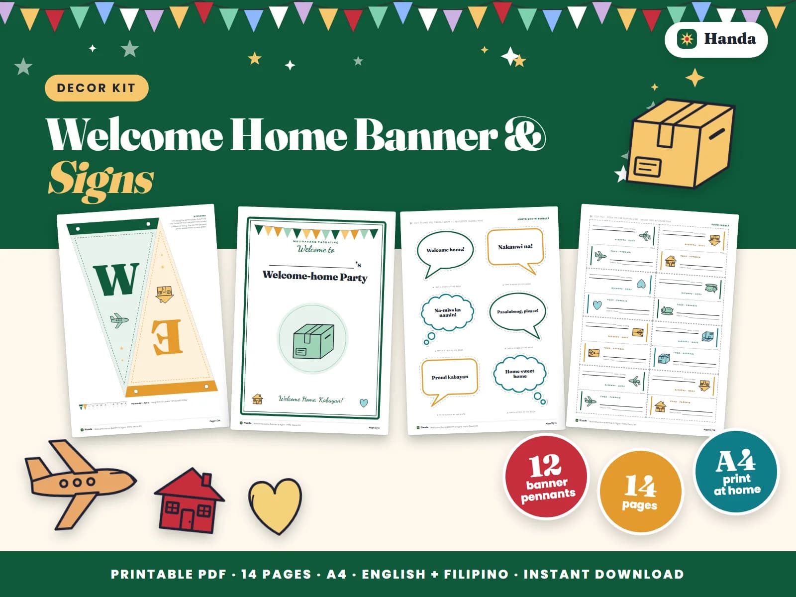 Cover of Welcome Home Banner & Signs, a printable decor kit showing four of its pages