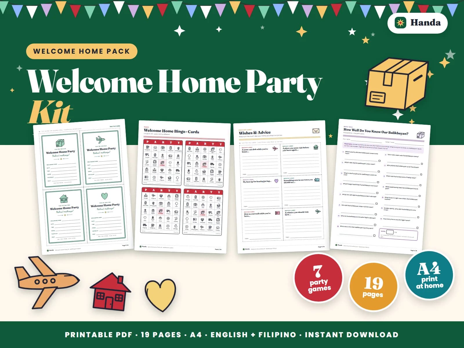 Cover of Welcome Home Party Kit, a printable party kit showing four of its pages