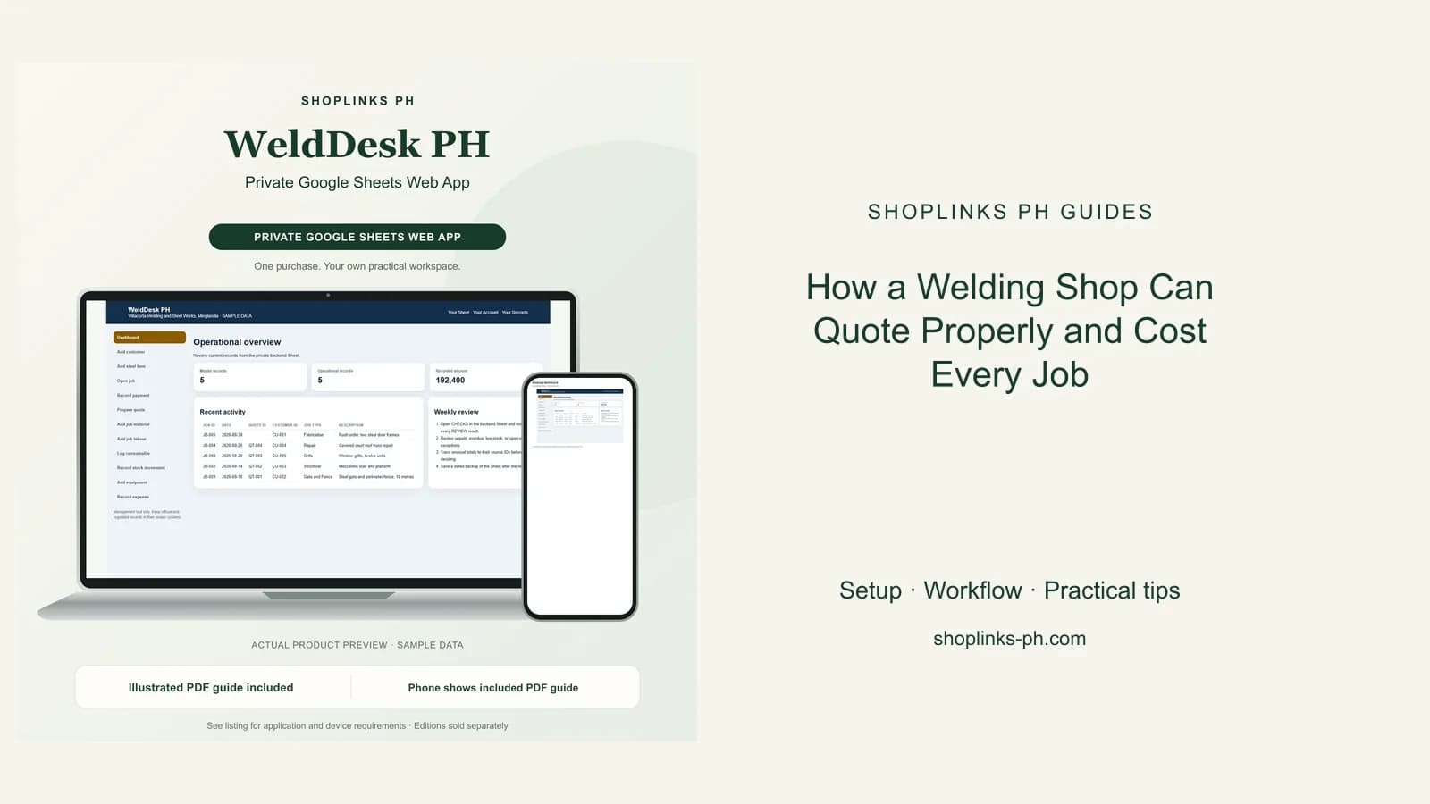 WeldDesk PH Private Google Sheets Web App dashboard using fictional sample data