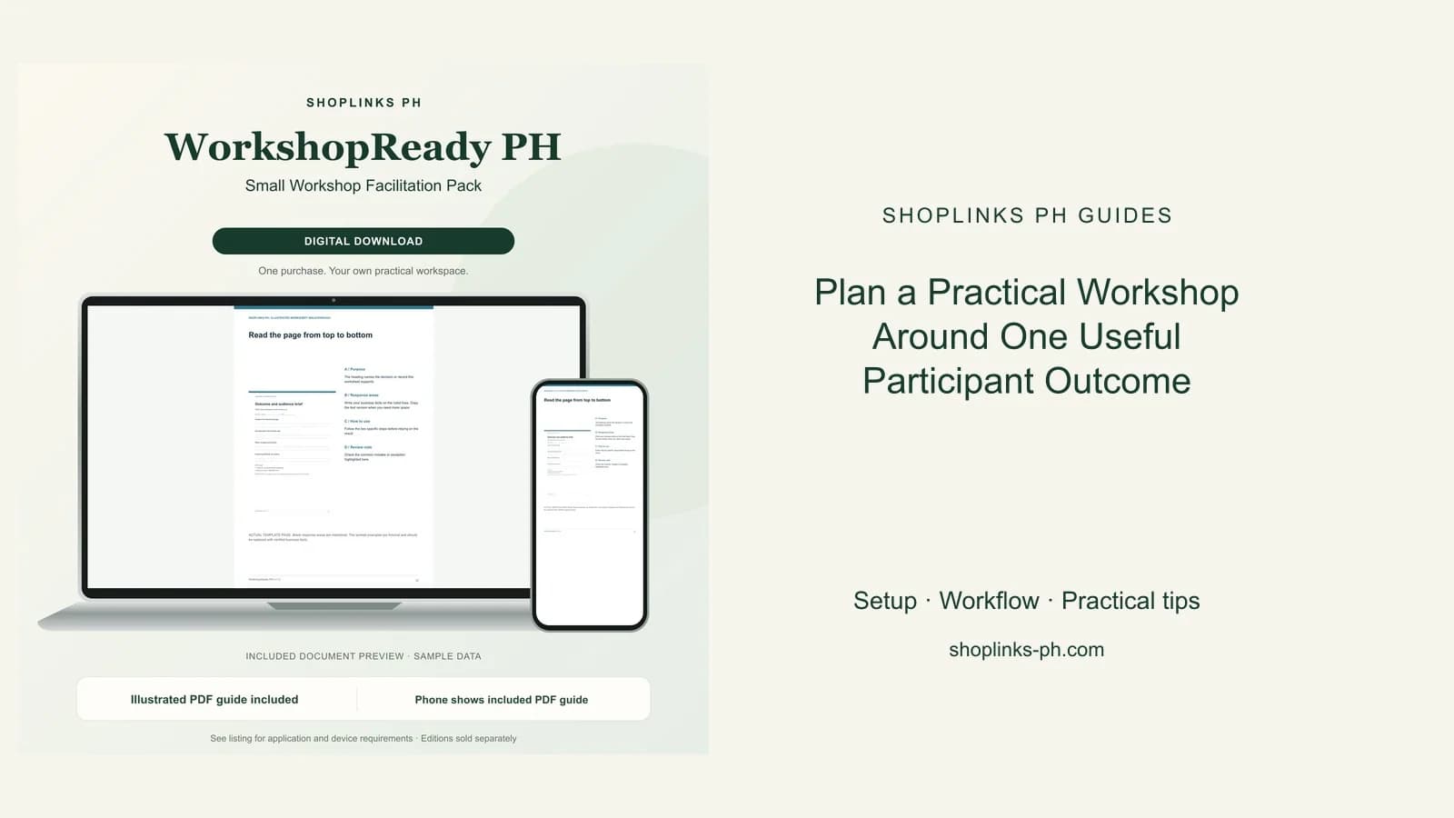 Plan a Practical Workshop Around One Useful Participant Outcome: matching product and illustrated guide previews on laptop and phone.