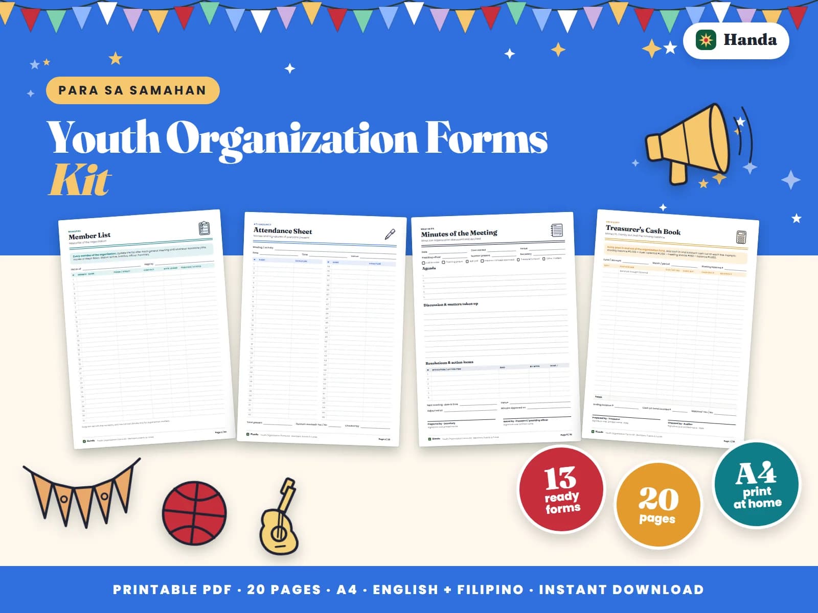 Cover of Youth Organization Forms Kit, a printable association forms kit showing four of its pages
