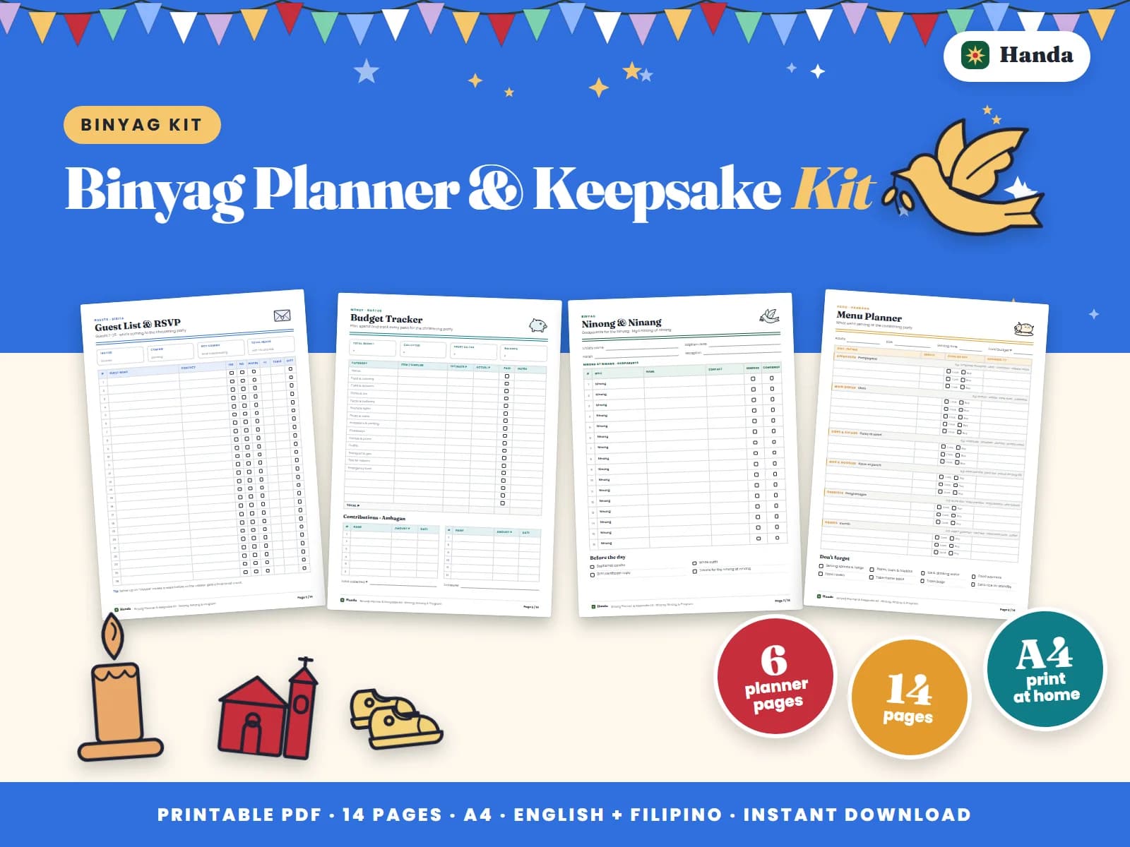 Ninong and ninang list, keepsake certificate, checklist, guests, budget, program and favors.