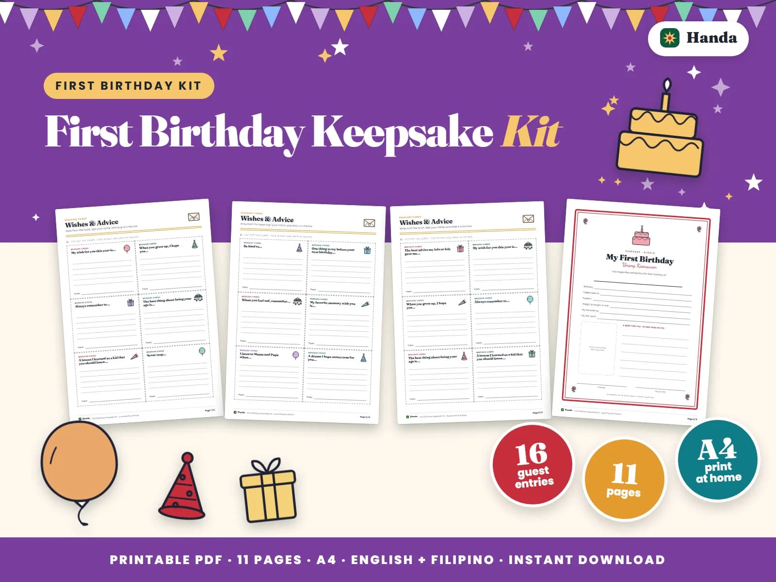 A keepsake certificate, guest book pages and wish cards for baby's first birthday.