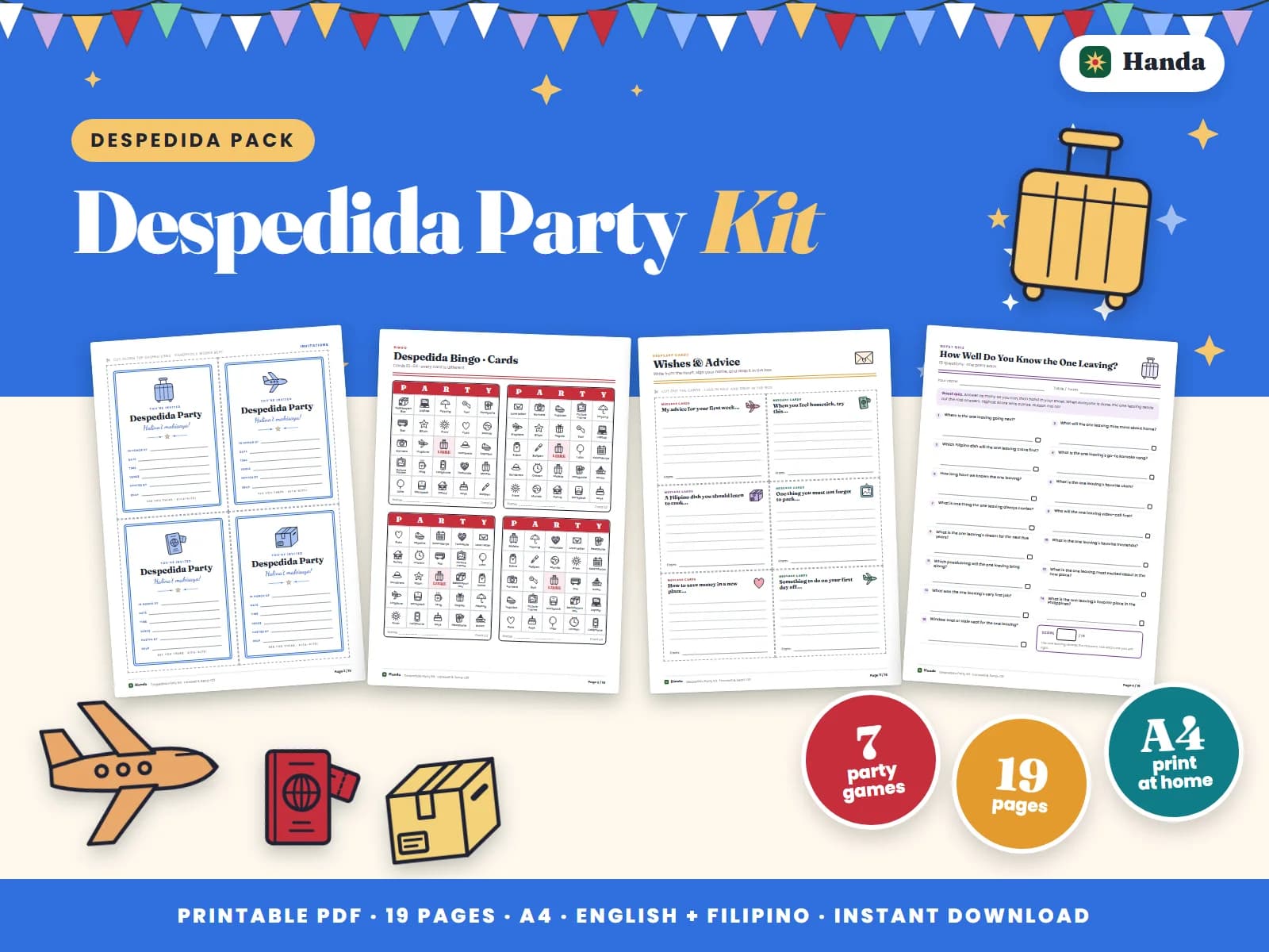 Invitations, a send-off quiz, bingo, message cards, guest book, signs and awards.