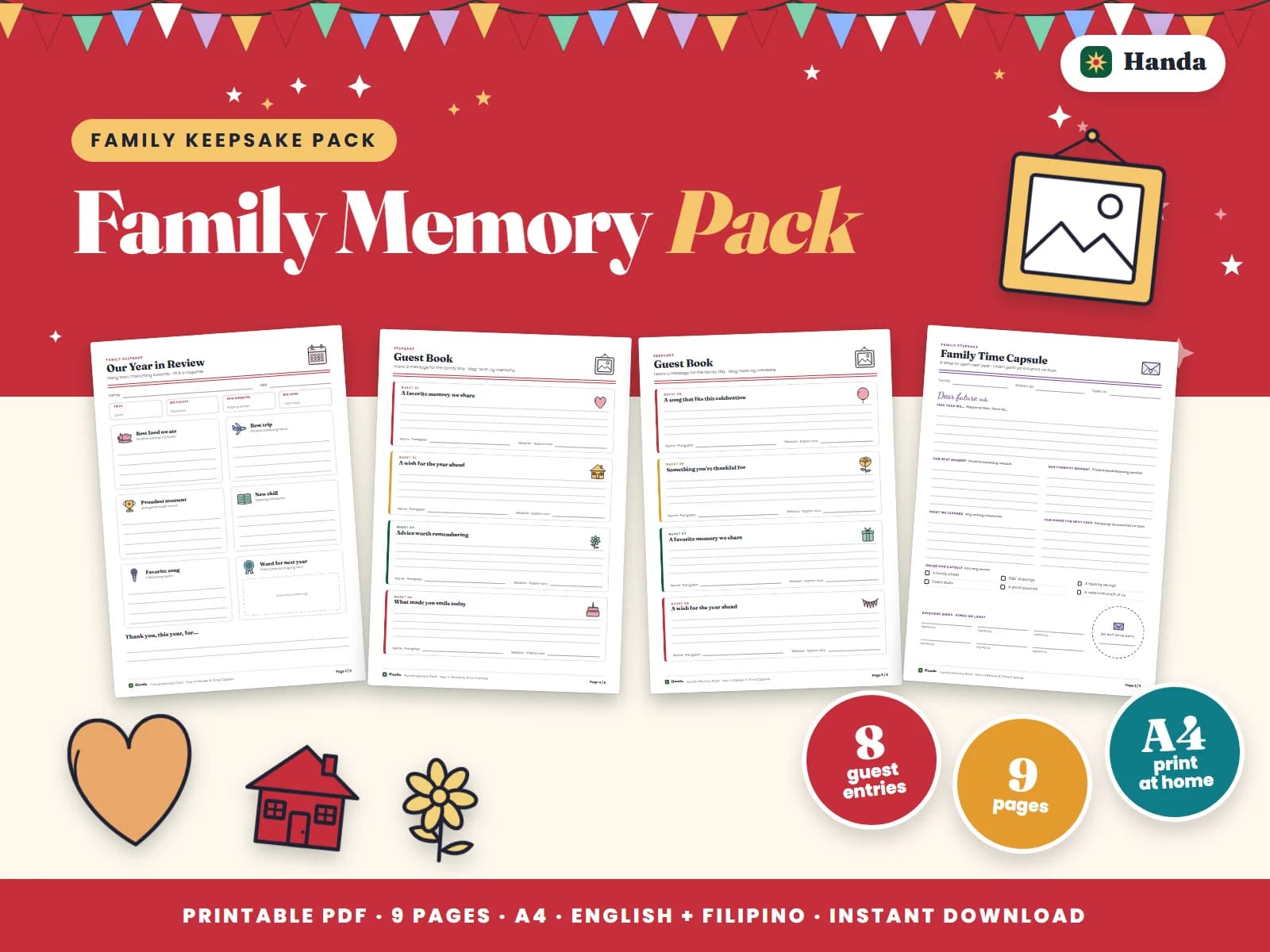 A family year in review, a time-capsule letter, guest book pages and talk games.