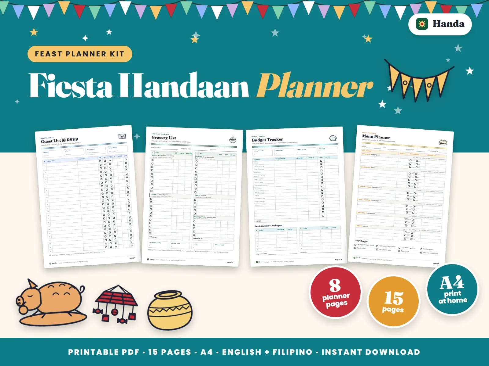 Plan the fiesta handaan: menu, shopping list, budget, guests, recipes and labels.