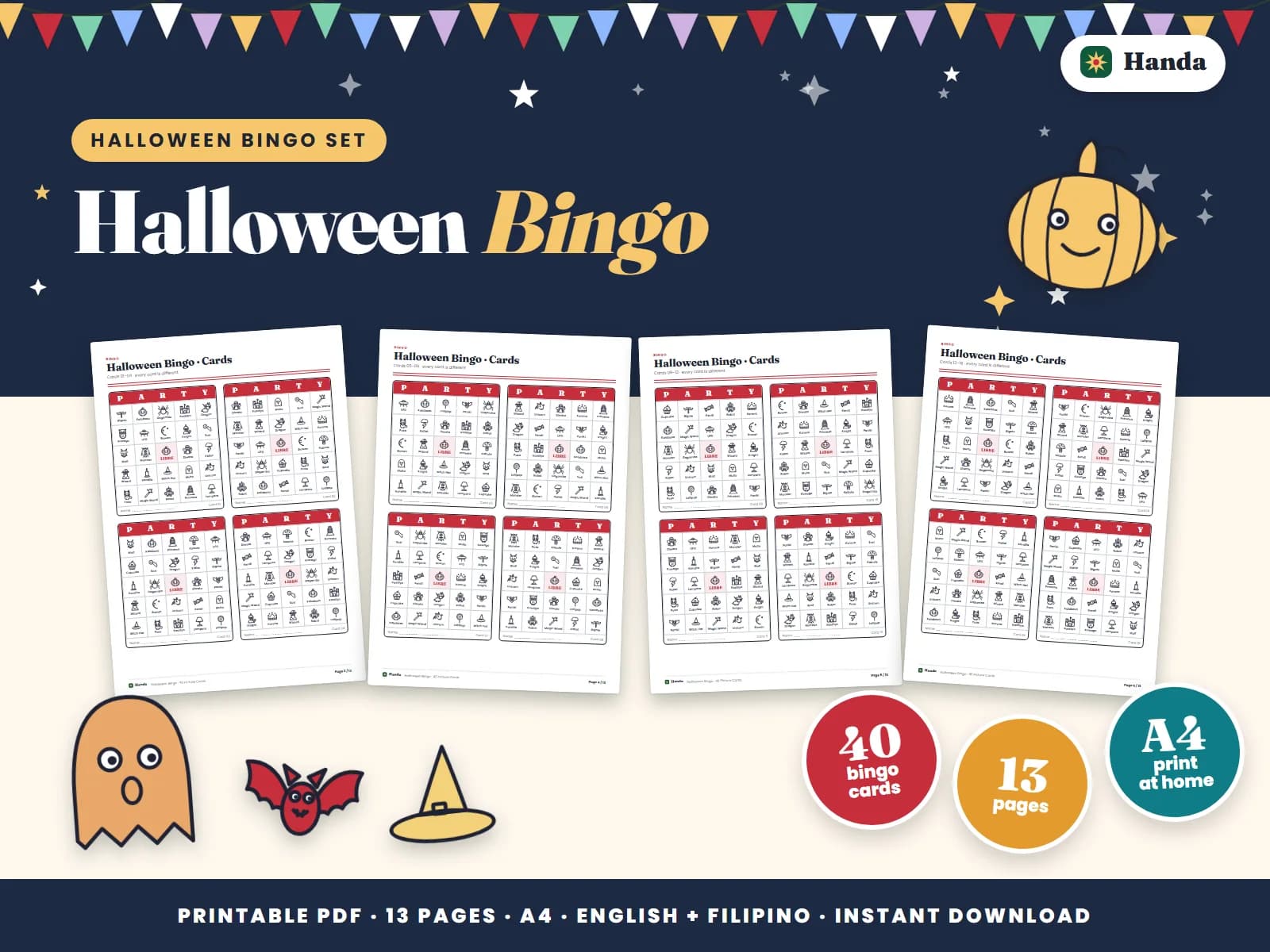 Forty different picture bingo cards and a host sheet.