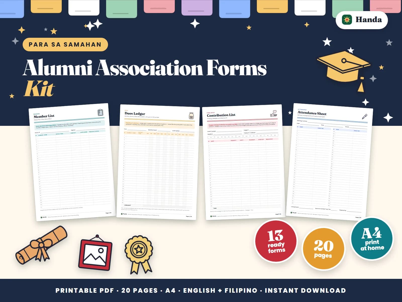 Member lists, dues ledger, contributions, registration forms and a cash book for an alumni association.