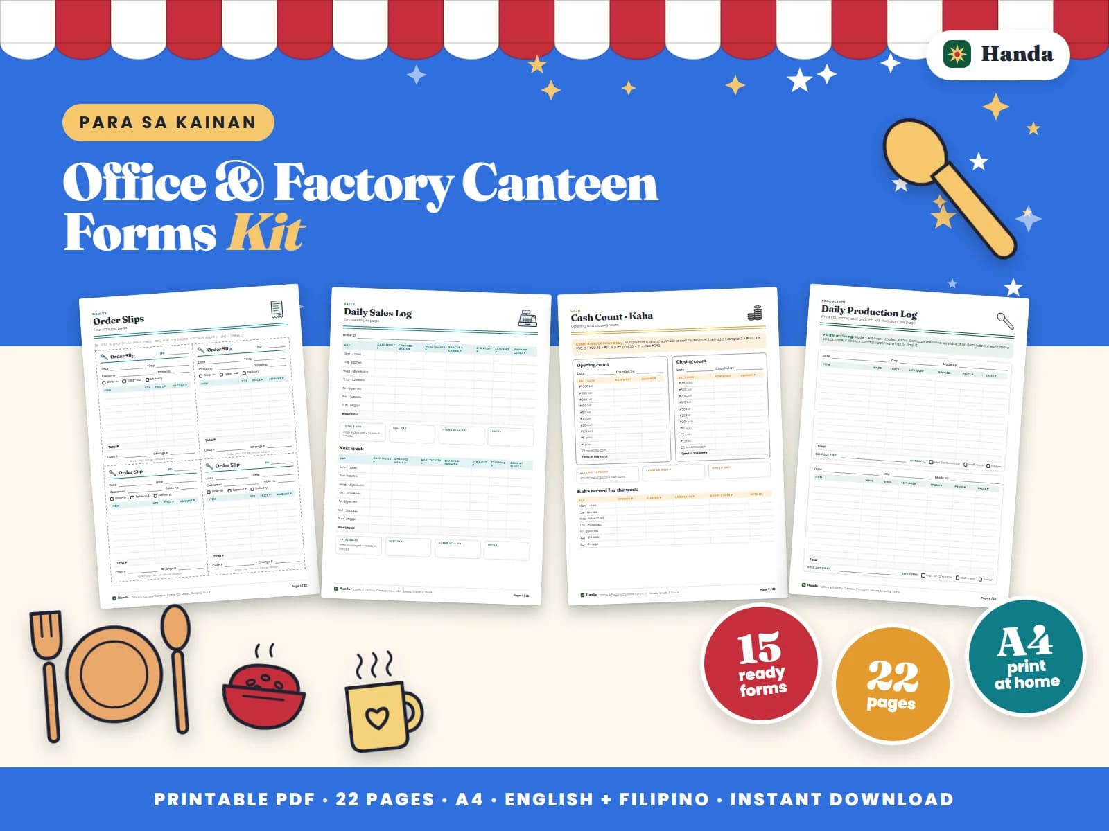 Order slips, daily sales, employee credit records, production logs and a menu board for a workplace canteen.