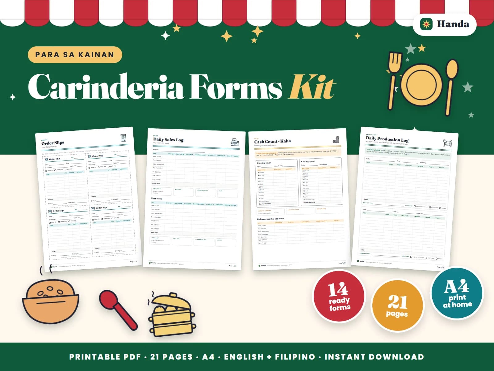 Order slips, daily sales, production and ingredient logs, a menu board and cleaning checklists for a carinderia.