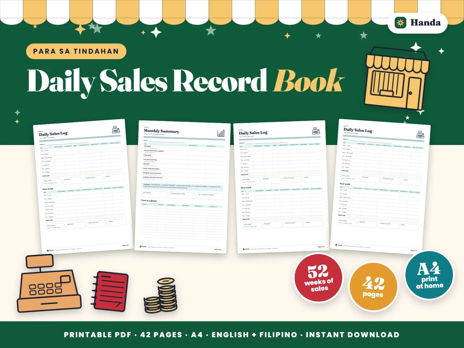A full year of daily sales, two weeks per page, with a monthly summary for each month.