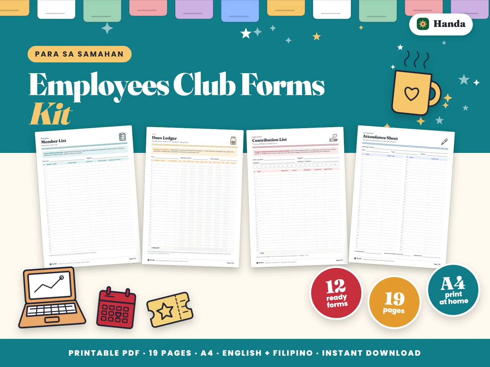 Member list, dues ledger, contributions, registration forms and a cash book for a company employees club.
