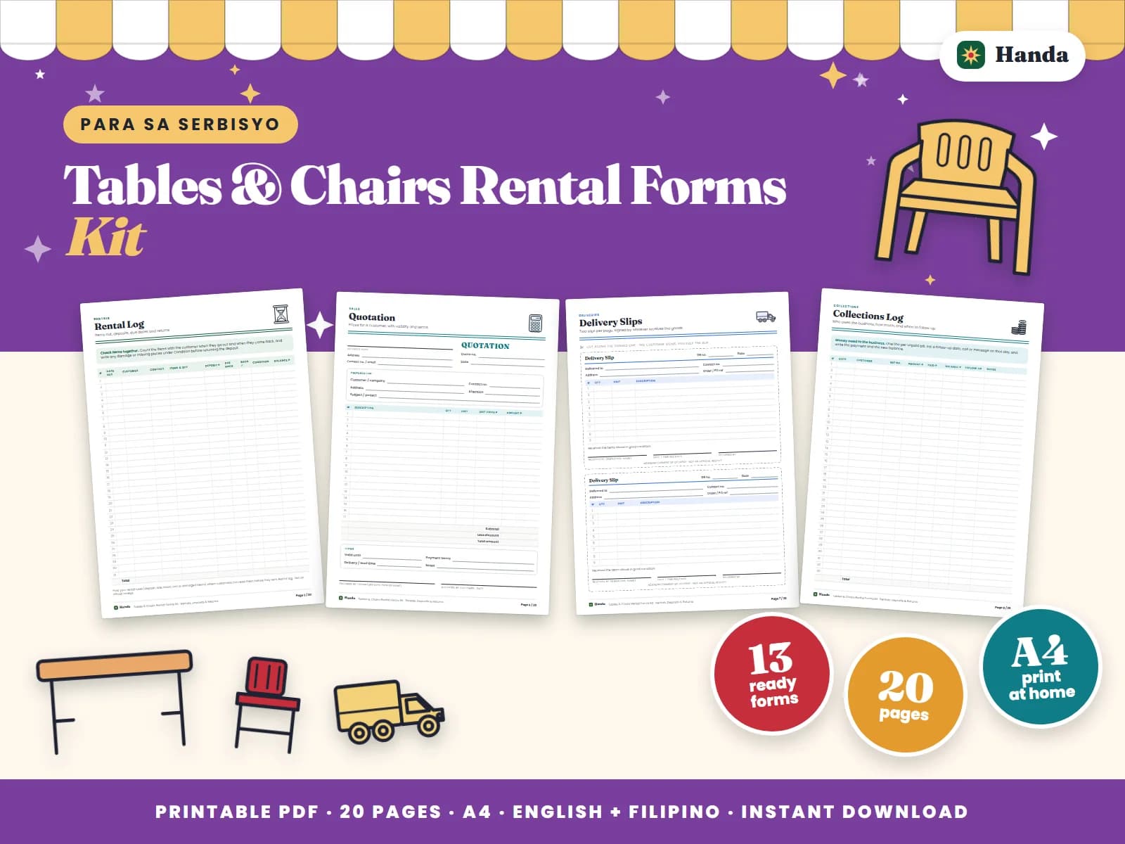 Rental logs, quotations, delivery slips, collections and maintenance records for party equipment rentals.