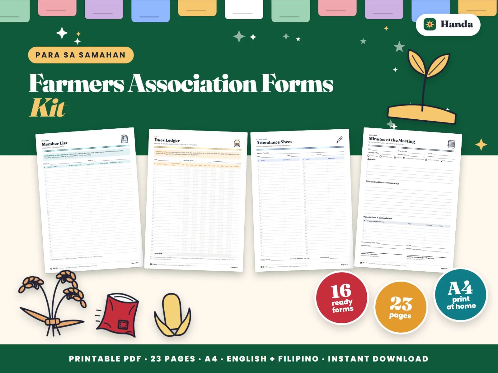 Member list, dues, meetings, shared equipment logs and a cash book for a farmers association.