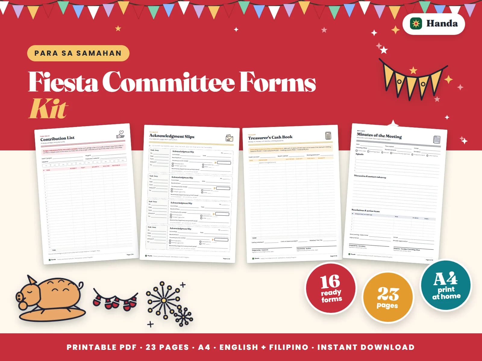 Contribution and solicitation lists, payment slips, cash book, minutes and schedules for a fiesta committee.