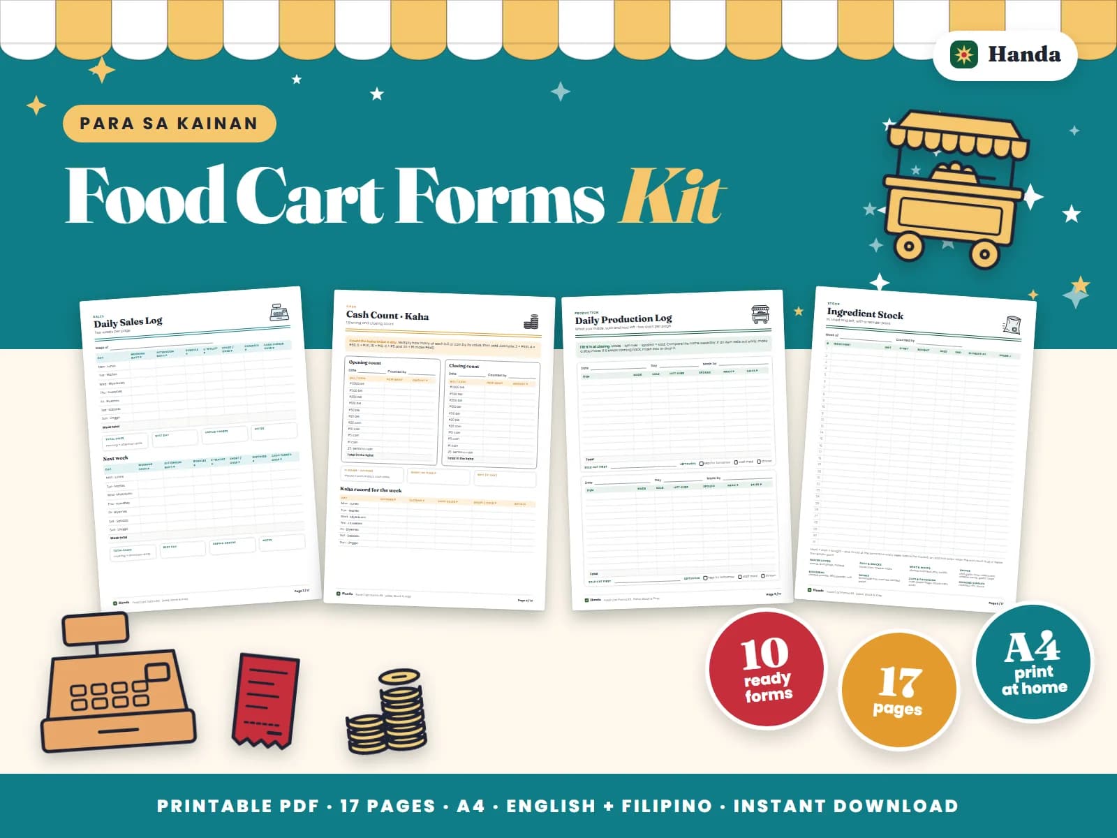 Daily sales, kaha counts, prep and ingredient logs, a menu board and checklists for a food cart.