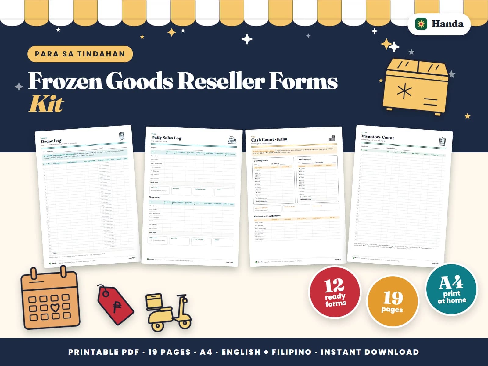 Orders, freezer stock and expiry dates, deliveries, utang and sales for a frozen goods reseller.