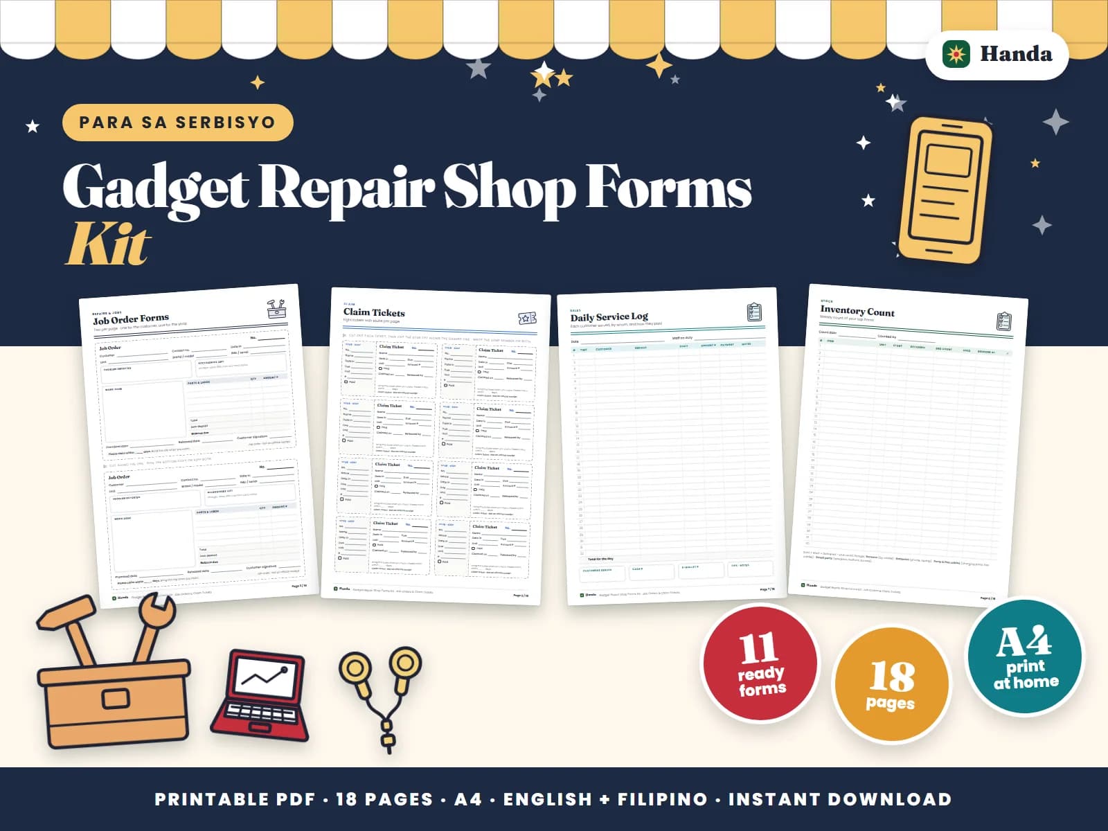 Job orders, claim tickets, parts stock, service logs and a price list for a phone and gadget repair shop.