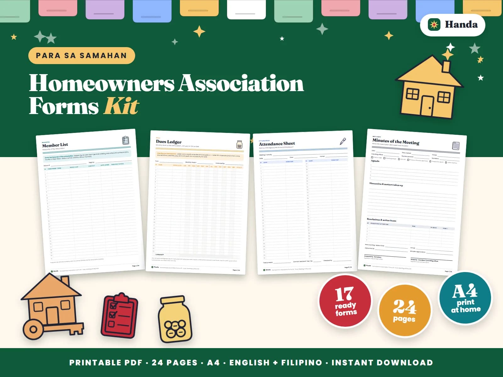 Dues ledger, member list, attendance, minutes, treasurer's cash book and payment slips for an HOA.