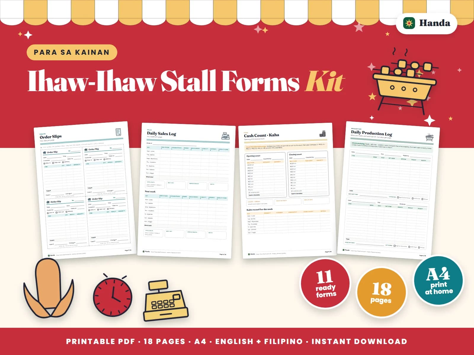 Order slips, daily sales, skewer production and stock logs, a menu board and cleaning checklists.