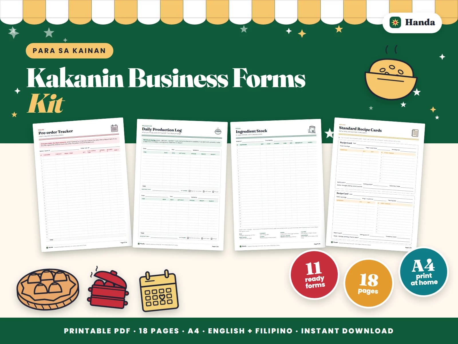 Pre-orders, batch production, ingredient stock, recipe cards and deliveries for kakanin makers.