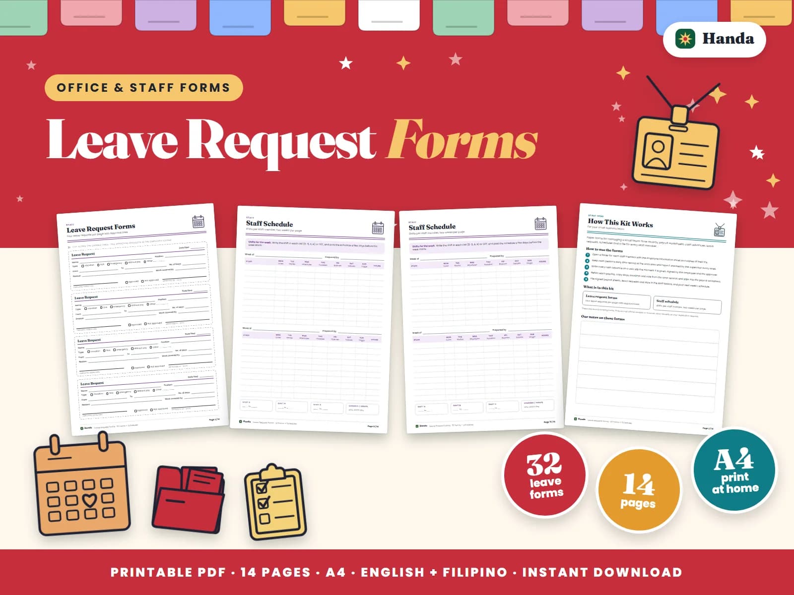 Thirty-two leave request forms with approval lines, plus staff schedules to plan coverage.