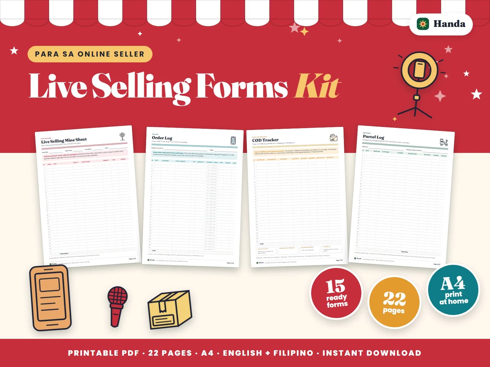 Mine sheets for every live, order logs, COD and parcel trackers and packing slips for live sellers.